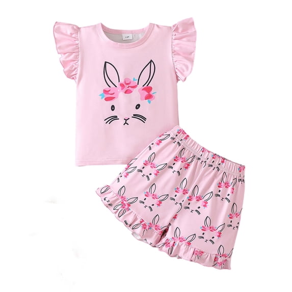 Kiijoy Girls Easter Outfits Rabbit Print Flutter Sleeve T Shirt Shorts Set, Sizes 1-2