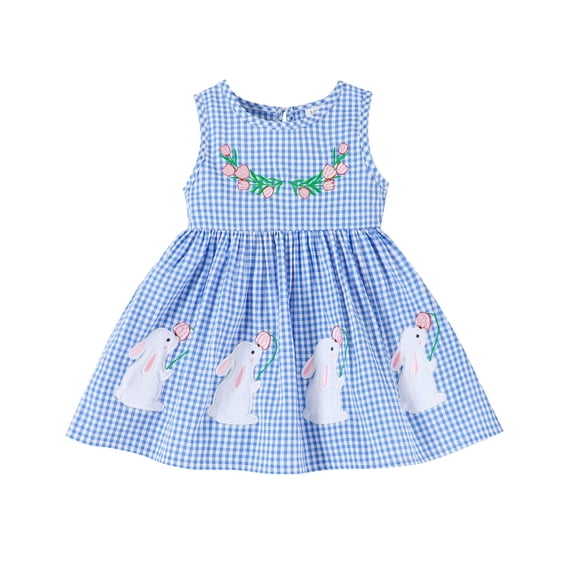 Kiijoy Girls Easter Short Sleeve Plaid Dress Rabbit Embroidery Skater Dress, Sizes 0-24 Months
