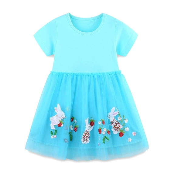 Kiijoy Girls Easter Short Sleeve Tutu Dress Rabbit Embroidery Princess Dress, Sizes 3-9