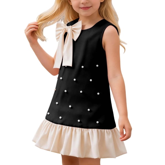 Kiijoy Girls Elegant Bow Pearl Sleeveless Dress Summer Cotton Ruffle Short Dress, Sizes 2-7