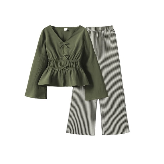 Kiijoy Girls Elegant Long Sleeve Blouse with Striped Pants Outfits, Sizes 4-16