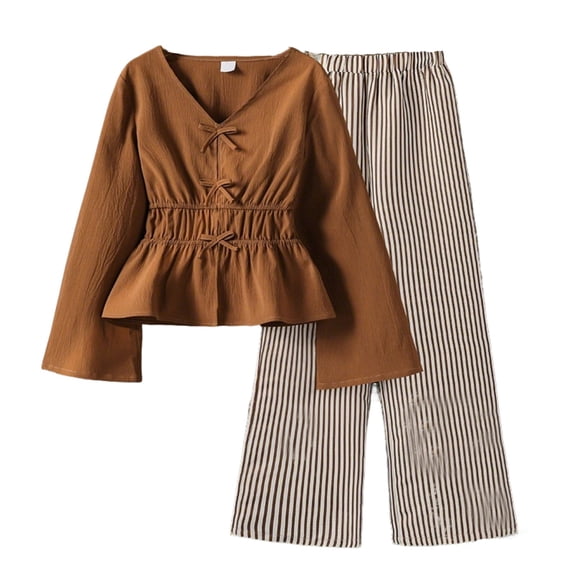 Kiijoy Girls Elegant Long Sleeve Blouse with Striped Pants Outfits, Sizes 4-16