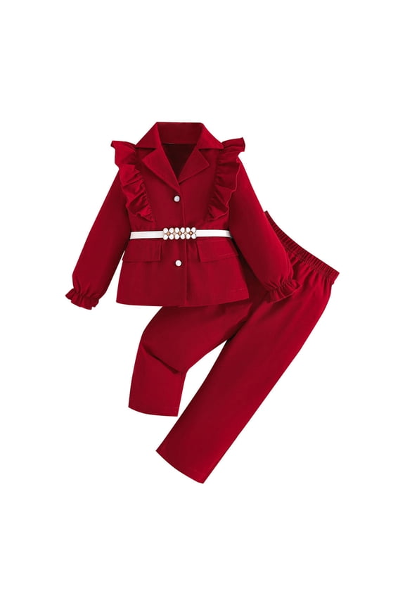 Girls Elegant Outfits Spring Belt Ruffled Jacket Trousers Suit, Sizes 7-8