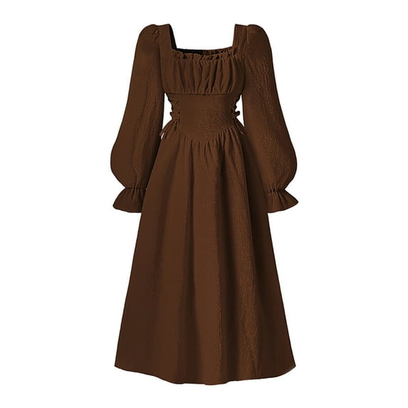 Kiijoy Girls Empire Waist Long Sleeve Dress Elegant Solid Square Neck Midi Dress, Sizes 10-11