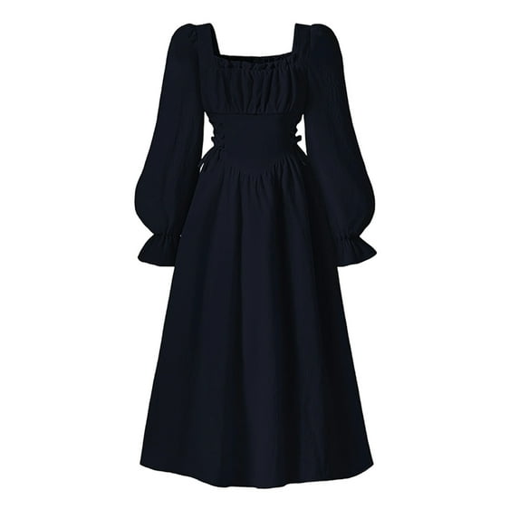 Kiijoy Girls Empire Waist Long Sleeve Dress Elegant Solid Square Neck Midi Dress, Sizes 9-10