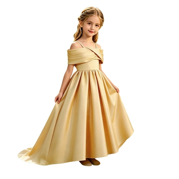 Kiijoy Girls Evening Gown Off Shoulder Satin Wedding Party Formal Dress, Size 8-13
