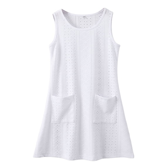 Kiijoy Girls Eyelet Boho Sundress Solid Sleeveless Dress with Pockets, Sizes 7-8