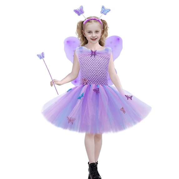 Kiijoy Girls Fairy Tutu Dress Birthday Party Dress Wings Wand Headband Set, Sizes 2-12