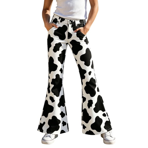 Kiijoy Girls Fashion Flare Pants Cow Print Mid Rise Trousers with Pockets, White, Sizes 5-16