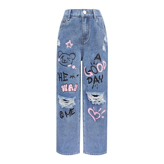 Kiijoy Girls Fashion Graphic Ripped Jeans High Waisted Loose Denim Pants, Blue, Sizes 7-12