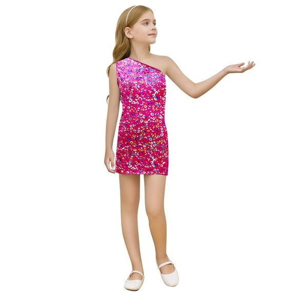 Kiijoy Girls Fashion Metallic Leopard Print Dress One Shoulder Sleeveless Bodycon Dress, Sizes 3-16