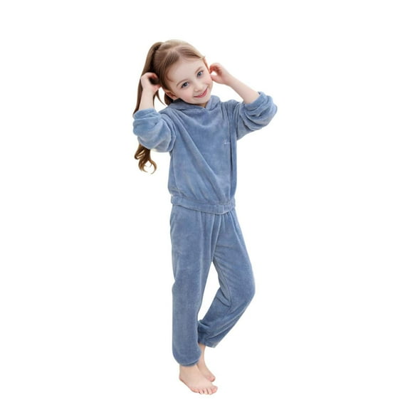 Kiijoy Girls Flannel Pajamas Solid Fuzzy Hoodie Pants Soft Cozy Sleepwear Set, Sizes 18-24M