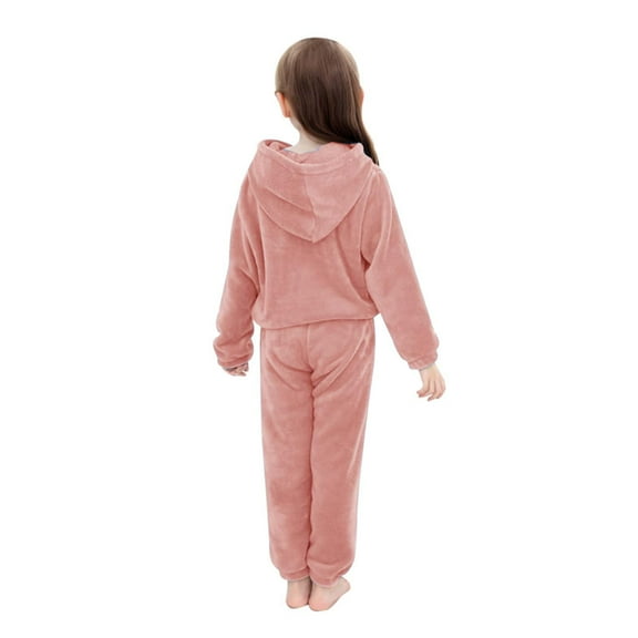 Kiijoy Girls Flannel Pajamas Solid Fuzzy Hoodie Pants Soft Cozy Sleepwear Set, Sizes 18-24M