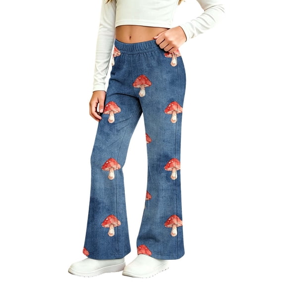 Kiijoy Girls Flare Denim Pants Cute Mushroom Print Elastic Waist Pants, Sizes 2-12