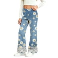 thumbnail image 1 of Kiijoy Girls Flared Denim Pants Floral Print Elastic Waist Trousers, Sizes 2-12, 1 of 8