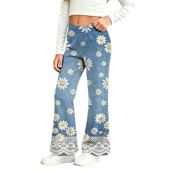 Kiijoy Girls Flared Denim Pants Floral Print Elastic Waist Trousers, Sizes 2-12