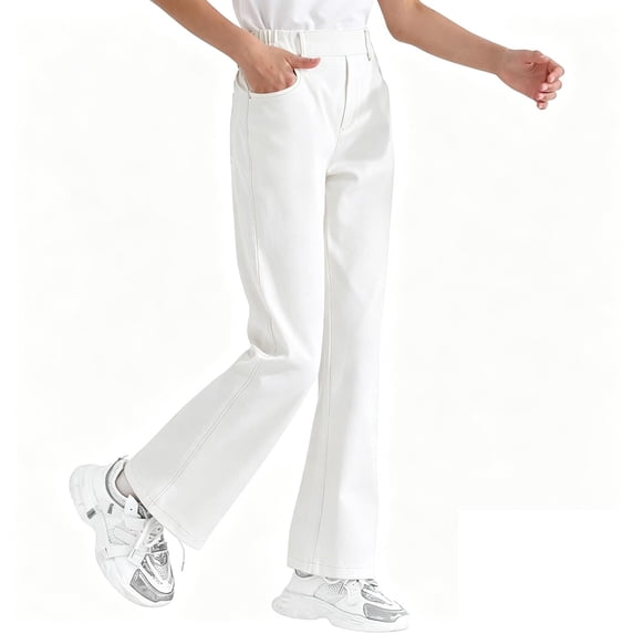 Kiijoy Girls Flared School Pants Elastic Waist Stretch Uniform Pants, White, Sizes 5-16