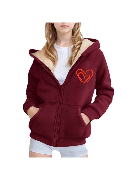 Girls Fleece Hooded Jacket Winter Warm Heart Print Zip Up Hoodie Coat, Sizes 12-13