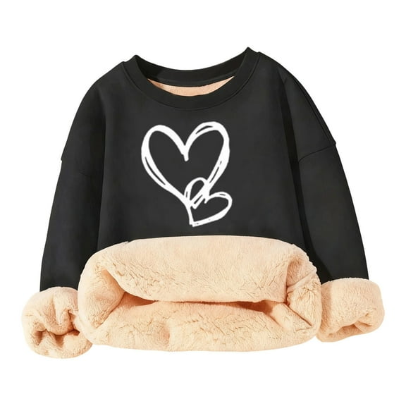 Kiijoy Girls Sherpa Sweatshirt Hearts Print Cozy Thermal Crew Neck Pullover Top