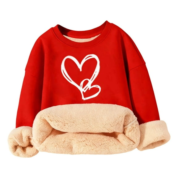 Kiijoy Girls Fleece Sherpa Sweatshirt Hearts Print Cozy Thermal Crew Neck Pullover Top