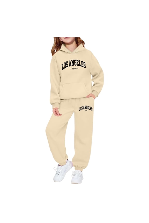 Girls Fleece Sweatsuit Letter Print Hoodie and Sweatpants Outfit Set, Sizes 2-14