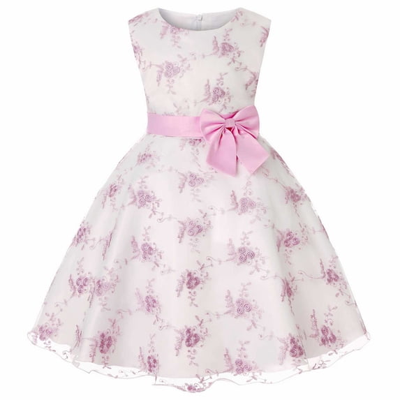 Kiijoy Girls Floral Bow Sleeveless Dress Elegant A-Line Party Princess Dress, Sizes 2-10