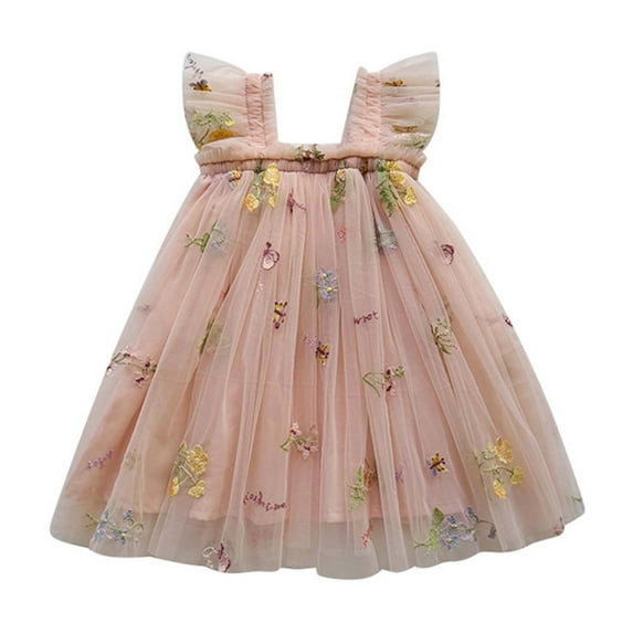 Kiijoy Girls Floral Embroidery Tulle Dress Flutter Strap Mesh Princess Dress, Sizes 12-18 Months