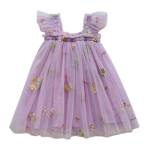 Kiijoy Girls Floral Embroidery Tulle Dress Flutter Strap Mesh Princess Dress, Sizes 18-24 Months