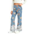 thumbnail image 1 of Kiijoy Girls Floral Flare Denim Pants Vintage Elastic Waist Soft Pants, Sizes 2-12, 1 of 8
