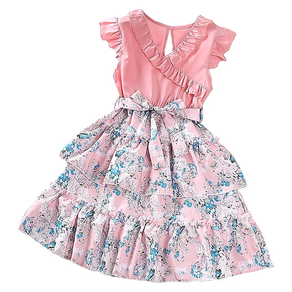 Kiijoy Girls Floral Print Ruffle Dress V Neck Layered Princess Dress, Sizes 7-12