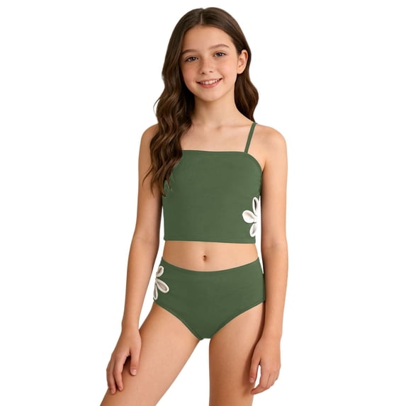 Kiijoy Girls Flower Cutout Bikini Set Spaghetti Strap Swimsuit Bathing Suit, Sizes 4-16