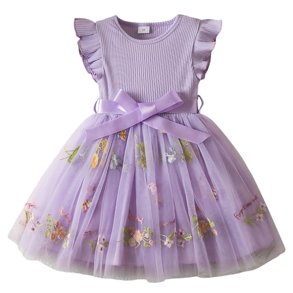 Kiijoy Girls Flower Embroidery Tutu Dress Ruffle Sleeveless Mesh Princess Dress, Sizes 6M-5T