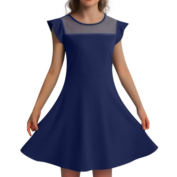 Kiijoy Girls Flutter Sleeve A Line Dress Casual Solid Crew Neck Short Dress, Sizes 6-7