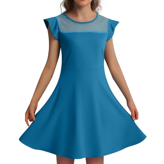 Kiijoy Girls Flutter Sleeve A Line Dress Casual Solid Crew Neck Short Dress, Sizes 6-7