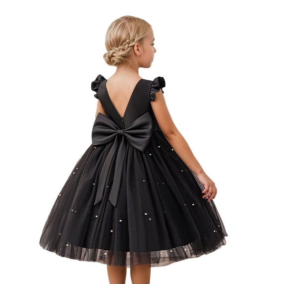 Kiijoy Girls Flutter Sleeve Tulle Dress Birthday Party Princess Dresses, Black, Size 3-9