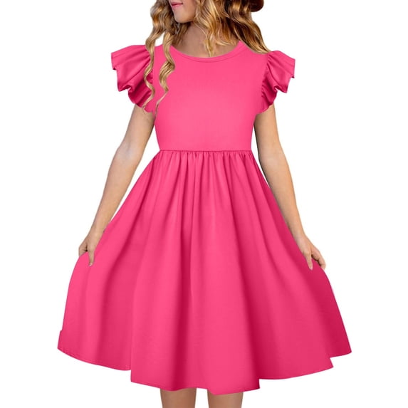 Kiijoy Girls Flutter Sleeves Skater Dress Casual Solid Round Neck Midi Dress, Sizes 4-5