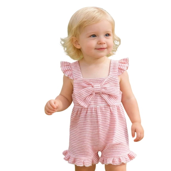Kiijoy Girls Flutter Strap Bow Striped Suspender Shorts Summer Ruffle Romper, Sizes 6M-4T