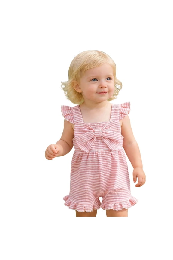 Girls Flutter Strap Bow Striped Suspender Shorts Summer Ruffle Romper, Sizes 6M-4T