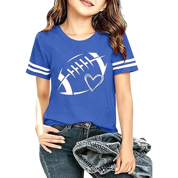 Kiijoy Girls Football Graphic Tee Short Sleeve Crewneck T Shirt Top, Blue, Sizes 8-9