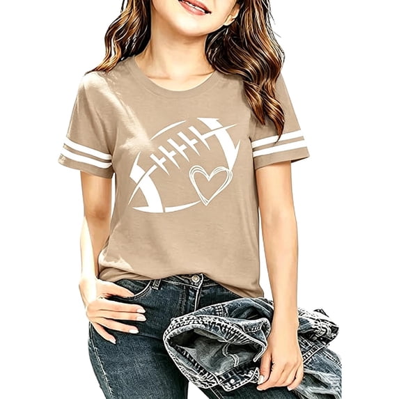 Kiijoy Girls Football Graphic Tee Short Sleeve Crewneck T Shirt Top, Khaki, Sizes 3-4