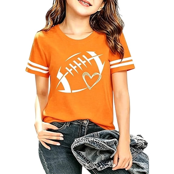 Kiijoy Girls Football Graphic Tee Short Sleeve Crewneck T Shirt Top, Orange, Sizes 6-7