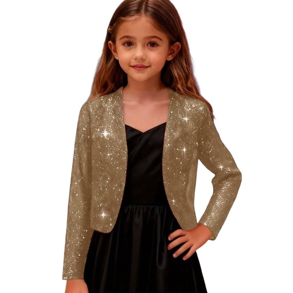 Kiijoy Girls Formal Sparkly Sequin Suit Jacket Party Dressy Cardigan Blazer, Khaki, 5-6 Years