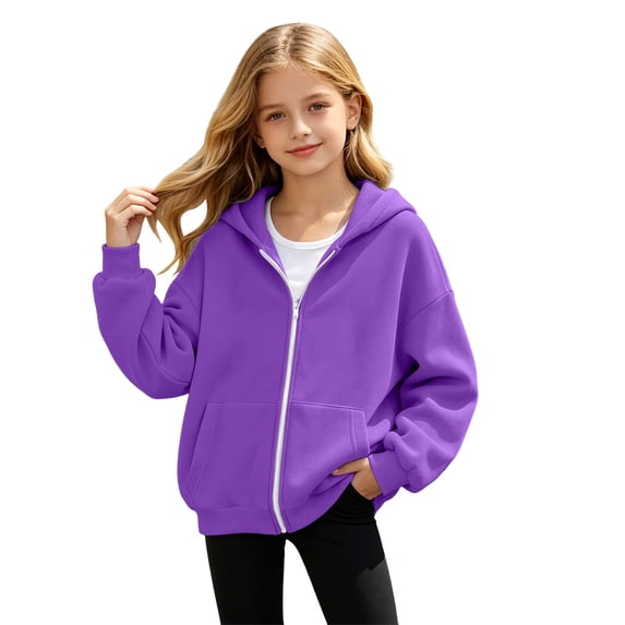 Kiijoy Girls Full Zip Hoodie Casual Loose Hooded Sweatshirt, Purple, Sizes 4-5T