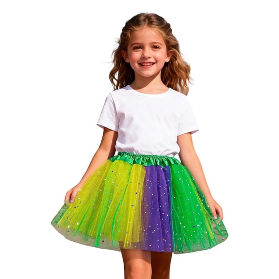 Kiijoy Girls Glitter Color Block Tutu Skirt Summer Ballet Dance Party Tulle Skirt