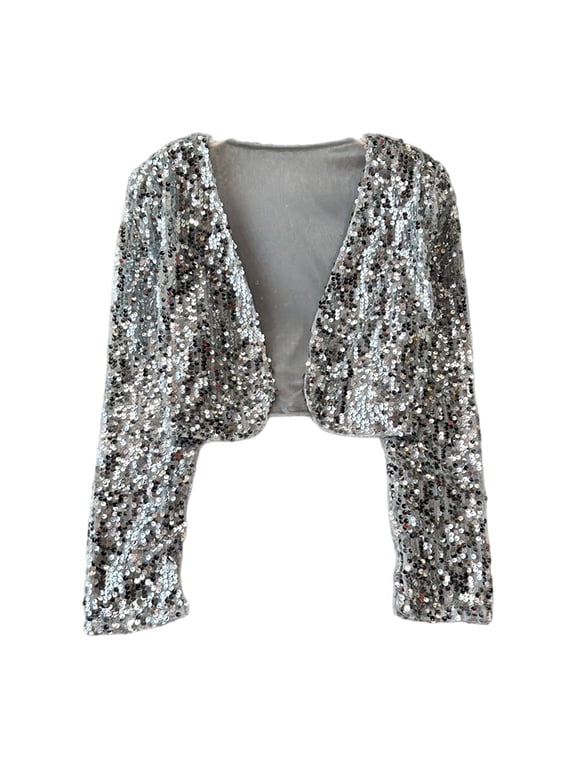 Girls Glitter Sequin Jacket Open Front Long Sleeve Cropped Jacket Outerwear