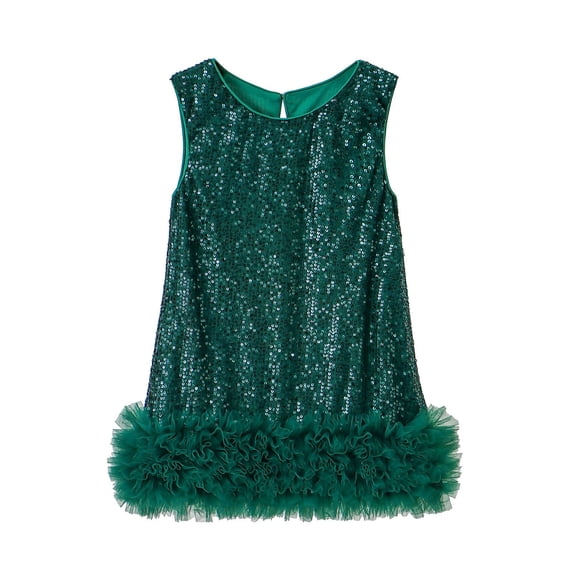 Kiijoy Girls Glitter Sequins Sleeveless Dress Crewneck Ruffles Party Dress, Sizes 8-9