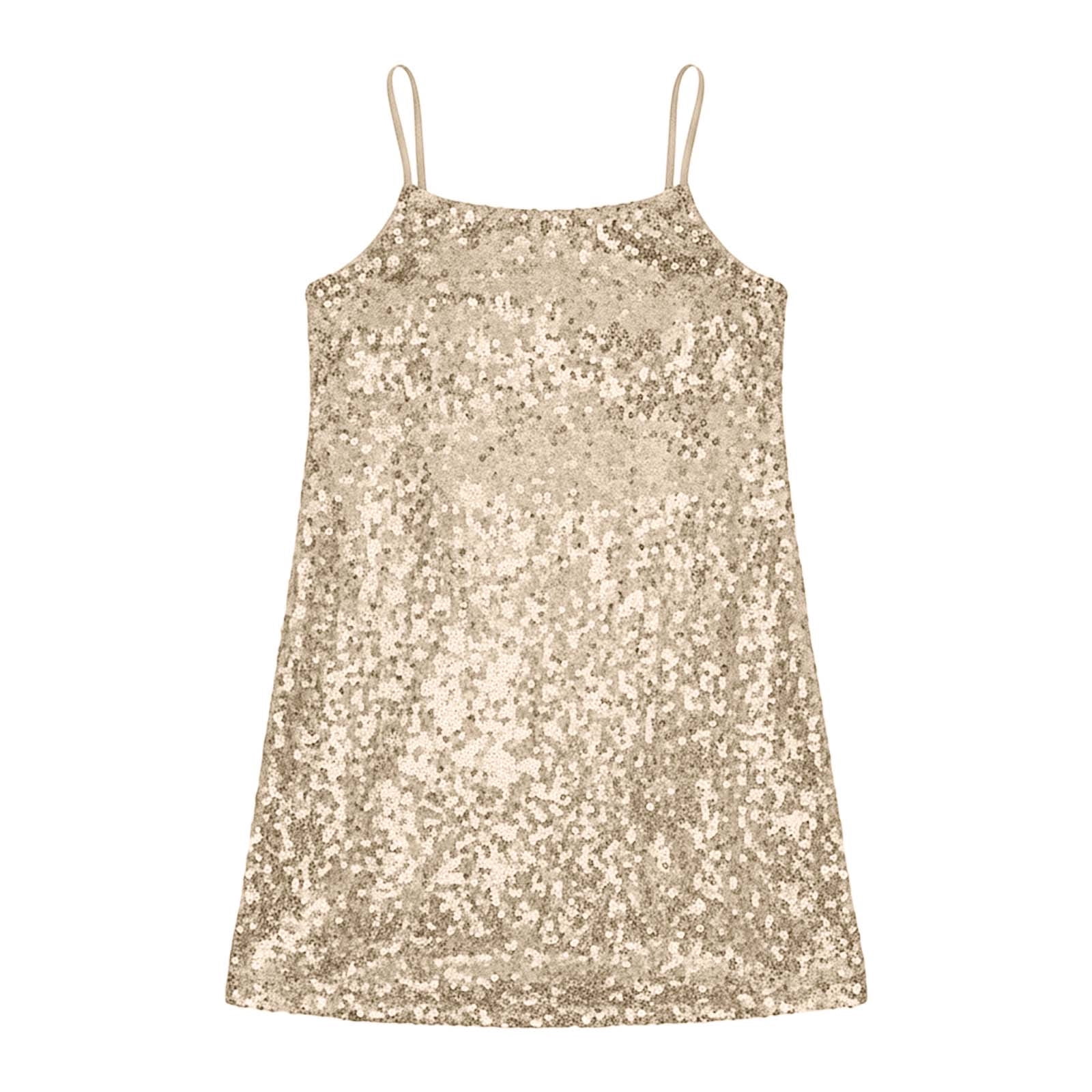 Kiijoy Girls Glitter Sequins Spaghetti Strap Dress Party Bodycon Dress, Sizes 4-13, Girl's, Size: Girl:8-9 Years, Beige