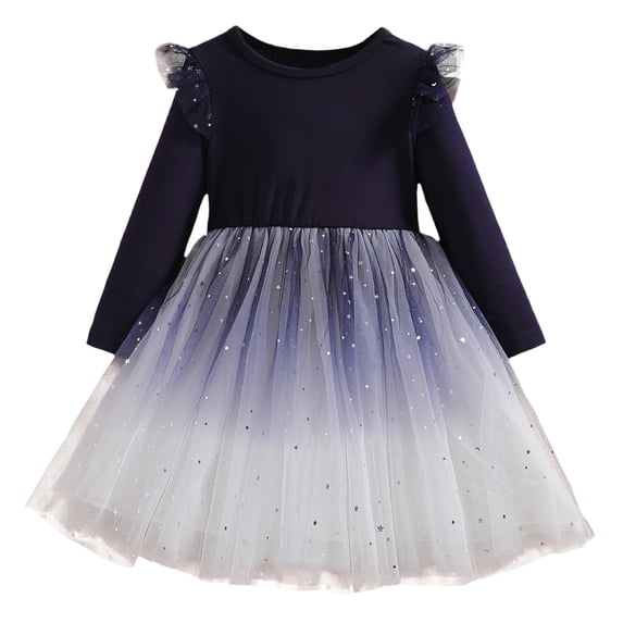 Kiijoy Girls Glitter Starry Long Sleeve Tutu Dress Birthday Party Princess Dress, Navy