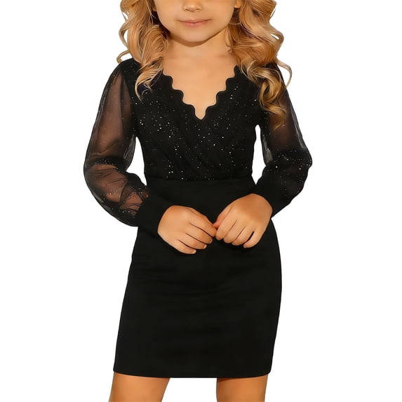 Kiijoy Girls Glitter V Neck Mesh Long Sleeve Dress Party Bodycon Short Dress, Sizes 7-8