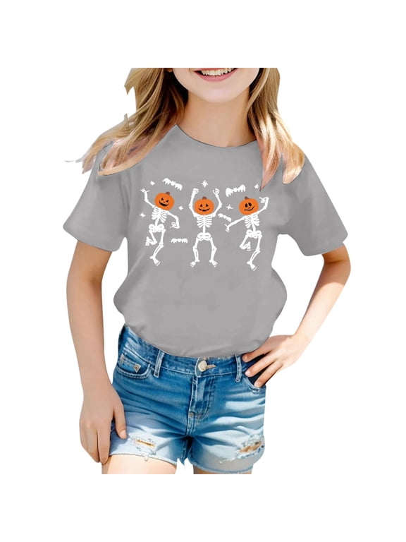 Girls Halloween Graphic Tee Short Sleeve Crew Neck T-Shirt for Kids